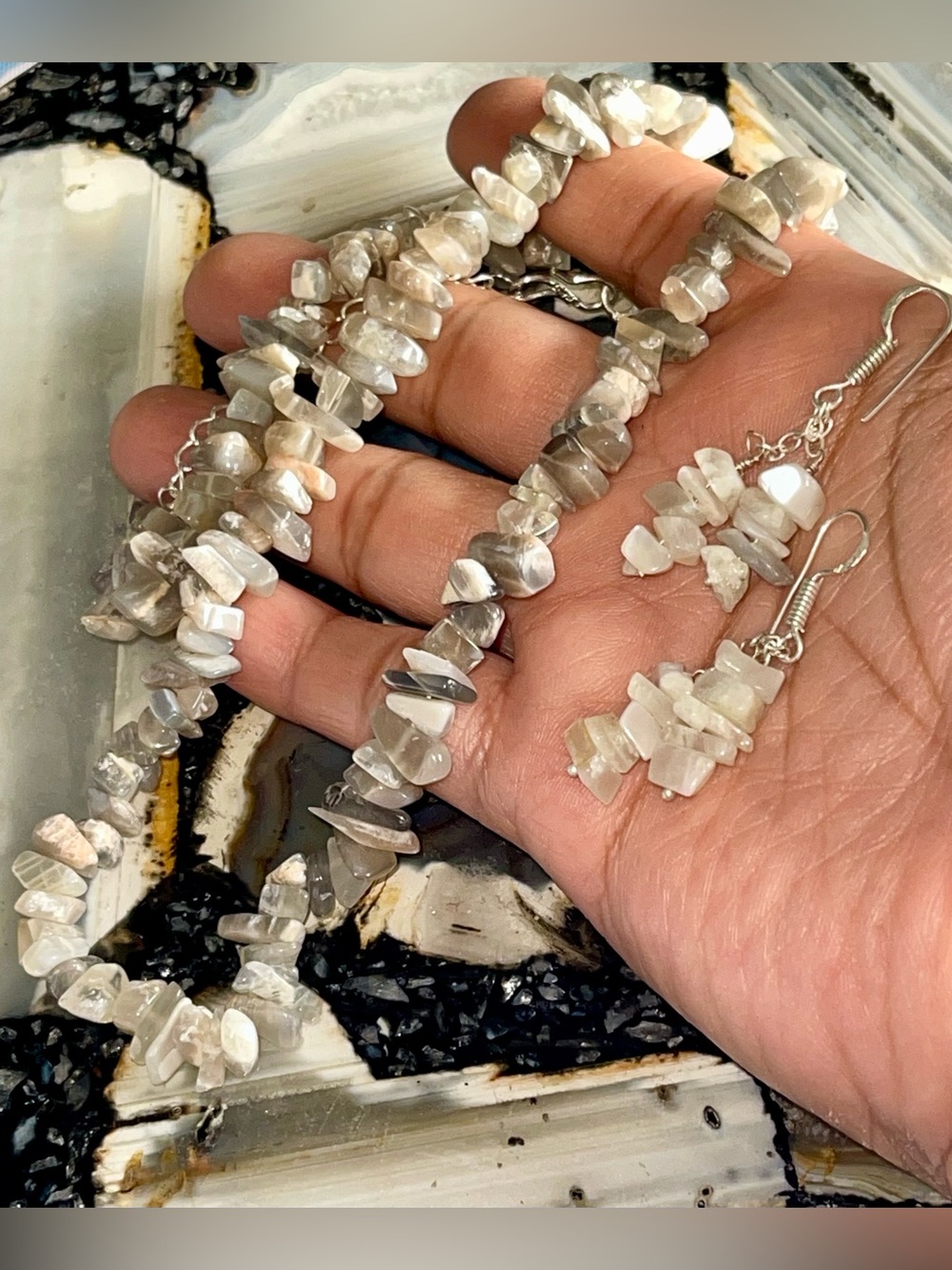 Natural Chip Gray Moonstone Jewelry Set
